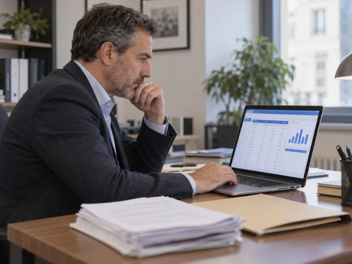 Inspector de trabajo consultando desde su despacho el registro horario de una empresa en el portátil
